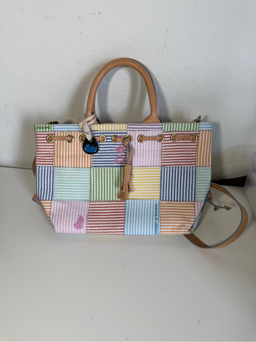 Dooney and Bourke Pastel Patchwork Striped Seersucker Tote Bag -